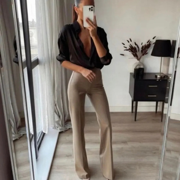 Zara Tan Flared Trouser Leggings Bloggers Favorite - Picture 1 of 9